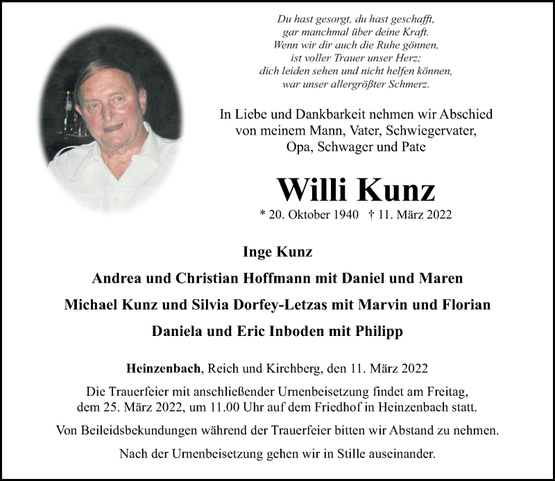 Traueranzeigen Von Willi Kunz Rz Trauer De