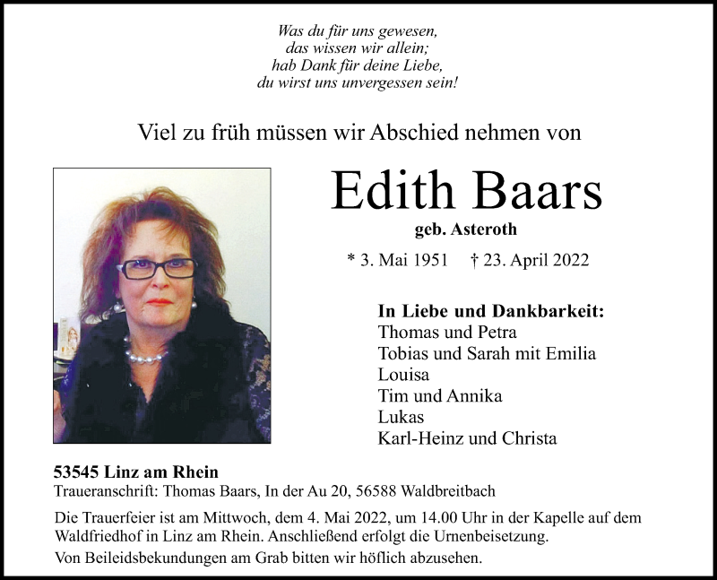 Traueranzeigen Von Edith Baars Rz Trauer De