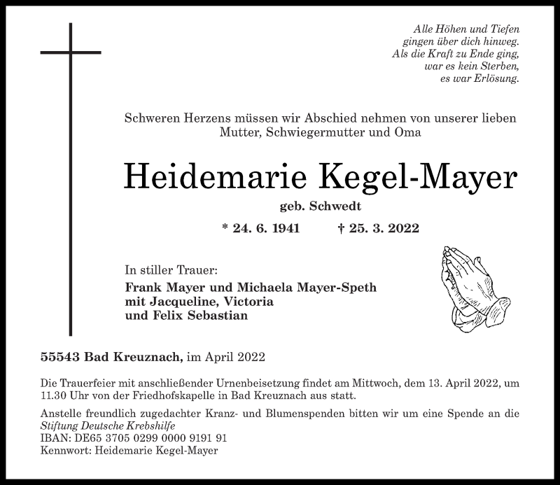 Traueranzeigen Von Heidemarie Kegel Mayer Rz Trauer De