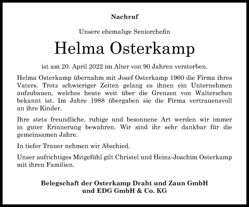 Traueranzeigen Von Helma Osterkamp Rz Trauer De