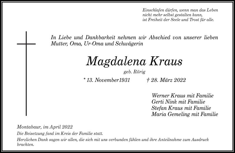 Traueranzeigen Von Magdalena Kraus Rz Trauer De