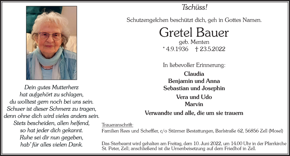 Traueranzeigen Von Gretel Bauer Rz Trauer De