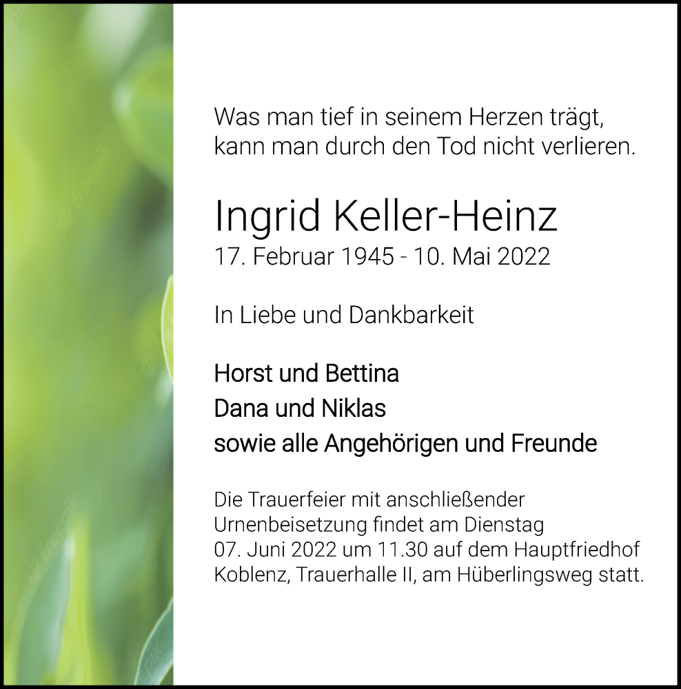 Traueranzeigen Von Ingrid Keller Heinz Rz Trauer De