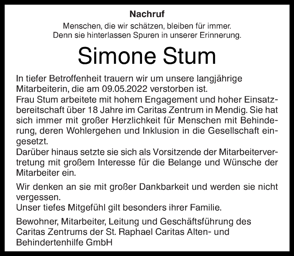 Traueranzeigen Von Simone Stum Rz Trauer De