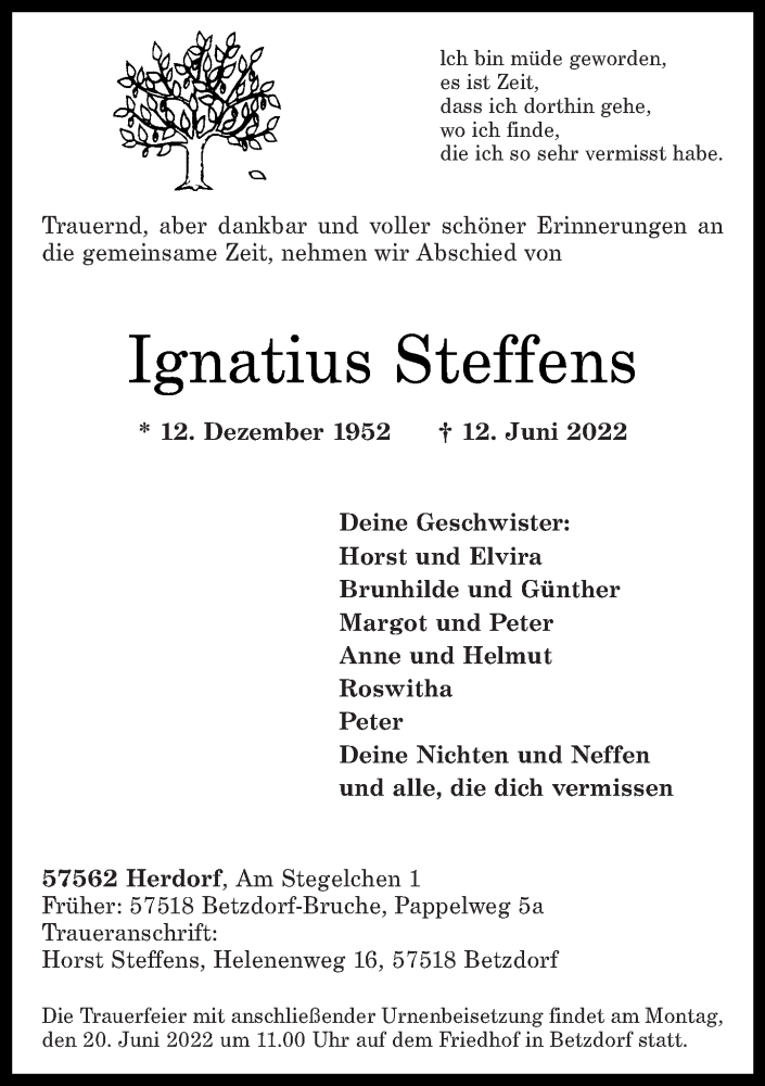 Traueranzeigen Von Ignatius Steffens Rz Trauer De