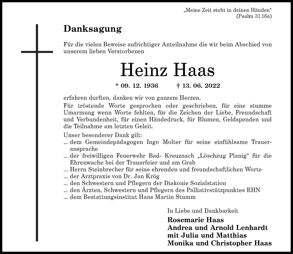 Traueranzeigen Von Heinz Haas Rz Trauer De