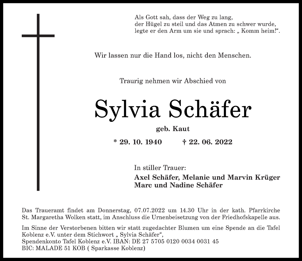 Traueranzeigen von Sylvia Schäfer rz trauer de