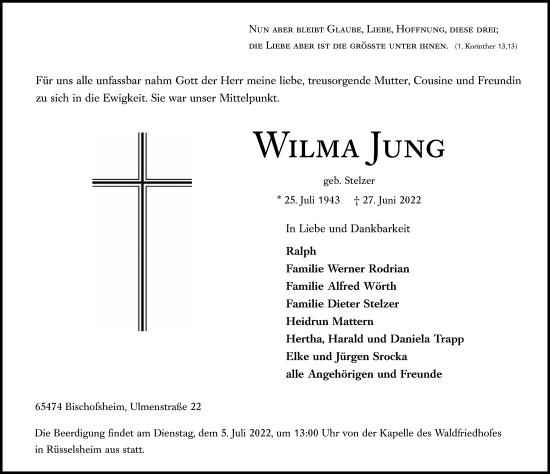 Traueranzeigen Von Wilma Jung Rz Trauer De