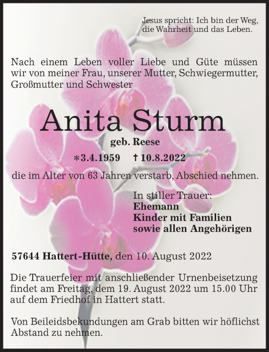 Traueranzeigen Von Anita Sturm Rz Trauer De