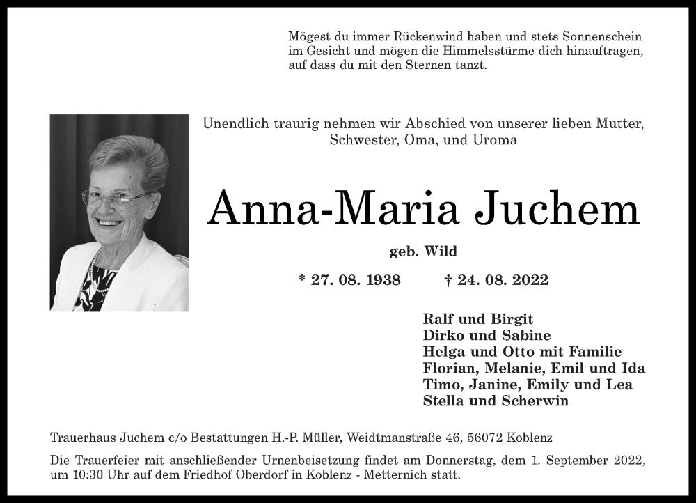 Traueranzeigen Von Anna Maria Juchem Rz Trauer De