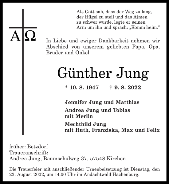 Traueranzeigen Von G Nther Jung Rz Trauer De