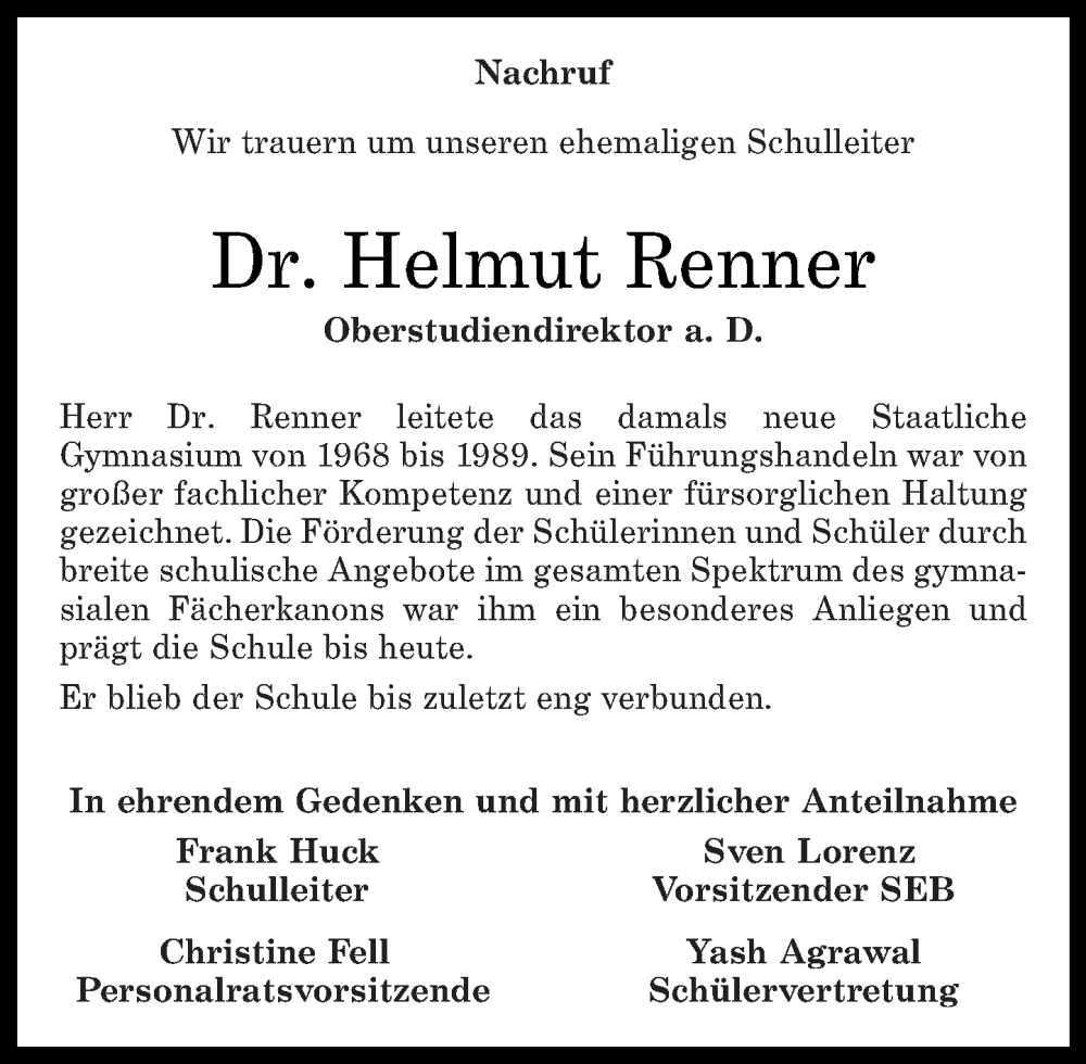 Traueranzeigen Von Helmut Renner Rz Trauer De