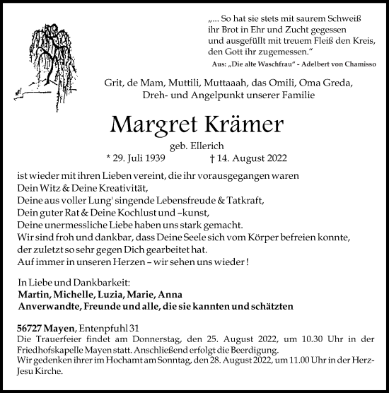 Traueranzeigen von Margret Krämer rz trauer de