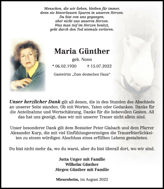 Traueranzeigen von Maria Günther rz trauer de