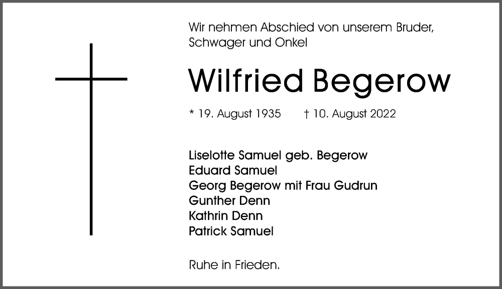 Traueranzeigen Von Wilfried Begerow Rz Trauer De