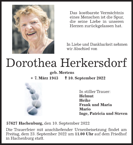 Traueranzeigen Von Dorothea Herkersdorf Rz Trauer De