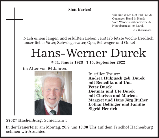 Traueranzeigen Von Hans Werner Durek Rz Trauer De