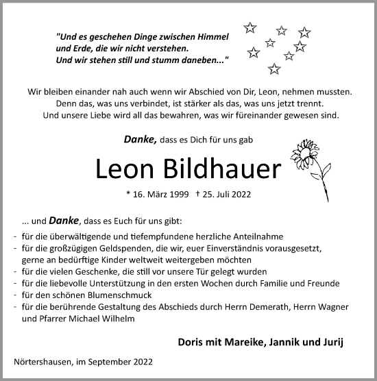 Traueranzeigen Von Leon Bildhauer Rz Trauer De