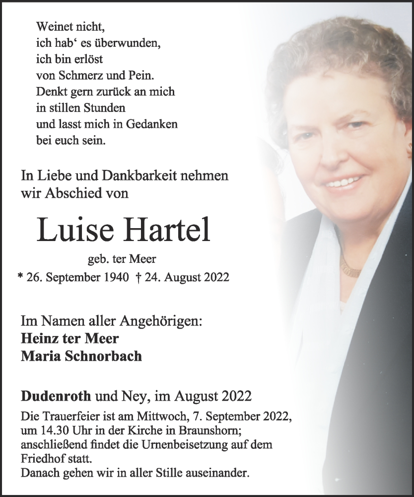 Traueranzeigen Von Luise Hartel Rz Trauer De