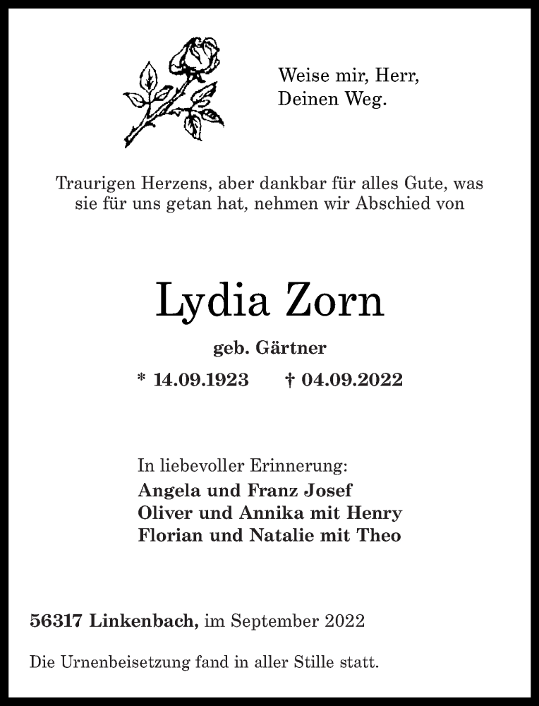 Traueranzeigen Von Lydia Zorn Rz Trauer De