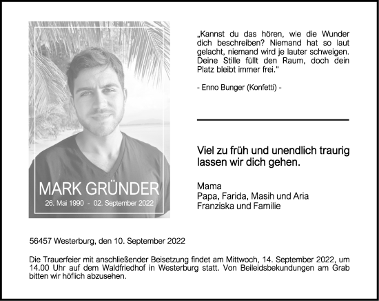 Traueranzeigen von Mark Gründer rz trauer de