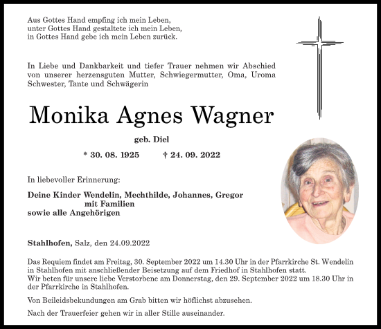 Traueranzeigen Von Monika Agnes Wagner Rz Trauer De