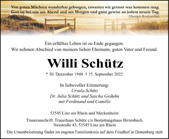 Traueranzeigen von Willi Schütz rz trauer de