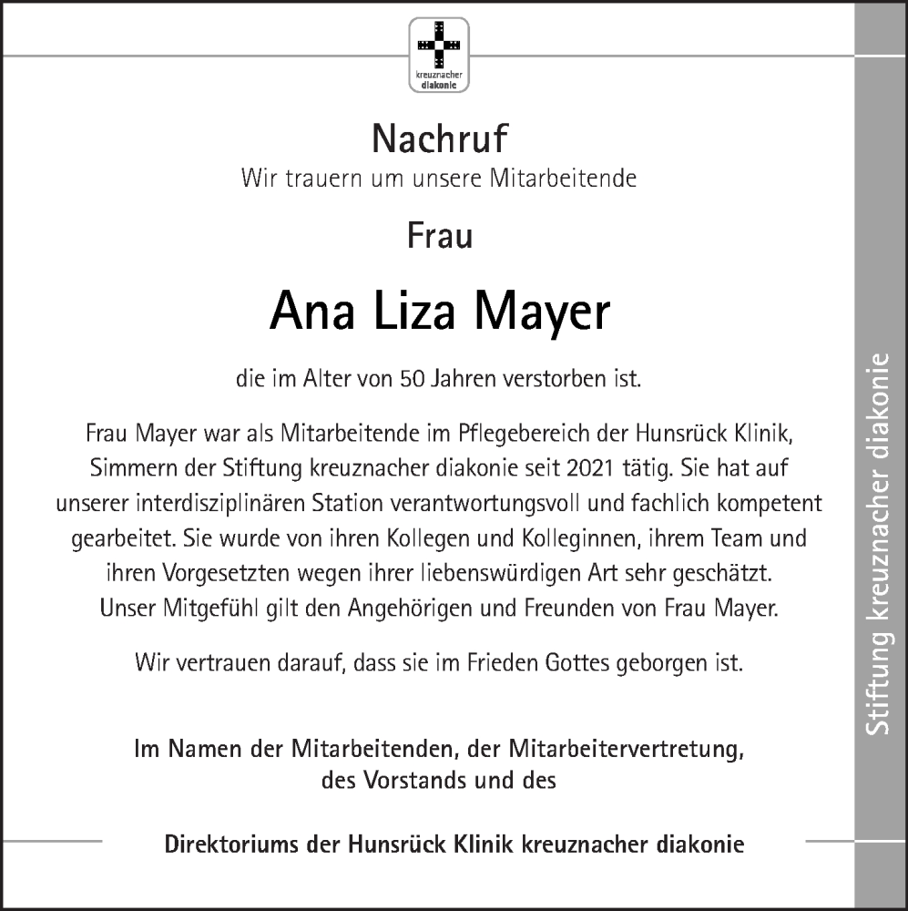 Traueranzeigen Von Ana Liza Mayer Rz Trauer De