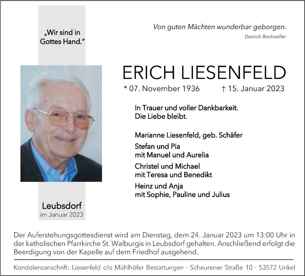 Traueranzeigen Von Erich Liesenfeld Rz Trauer De