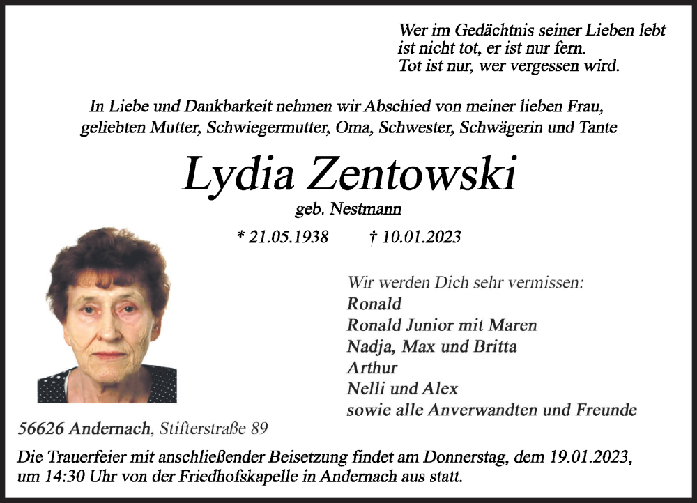 Traueranzeigen Von Lydia Zentowski Rz Trauer De