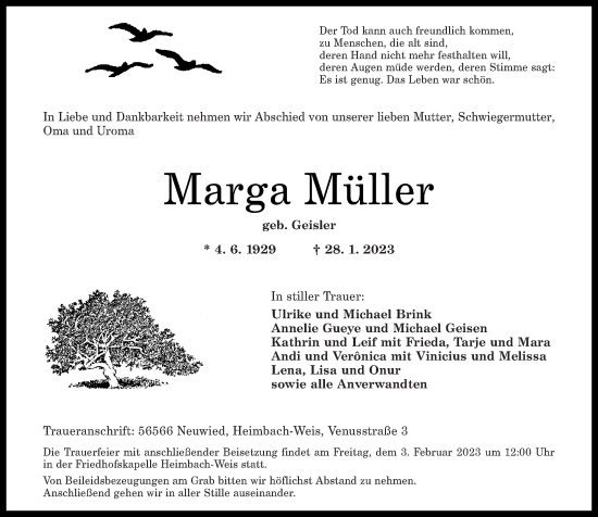 Traueranzeigen von Marga Müller rz trauer de