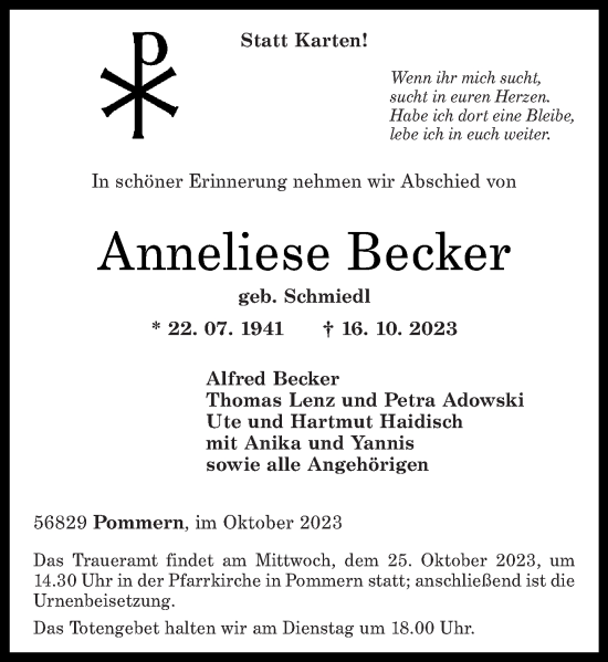 Traueranzeigen Von Anneliese Becker Rz Trauer De