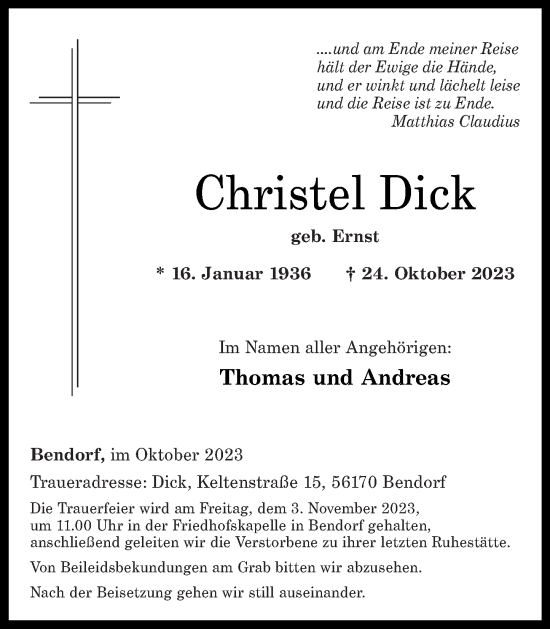 Traueranzeigen Von Christel Dick Rz Trauer De