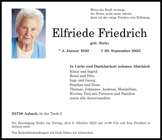 Traueranzeigen Von Elfriede Friedrich Rz Trauer De