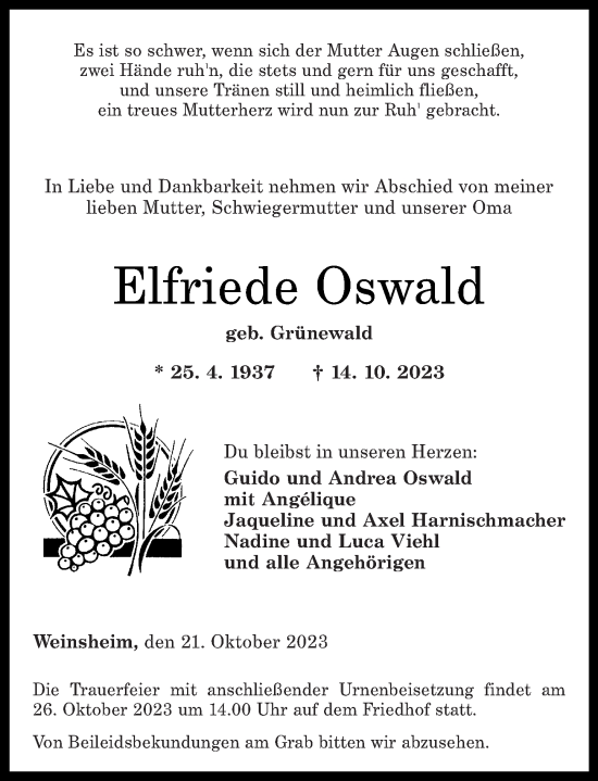 Traueranzeigen Von Elfriede Oswald Rz Trauer De