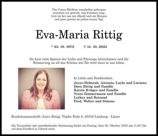 Traueranzeigen Von Eva Maria Rittig Rz Trauer De