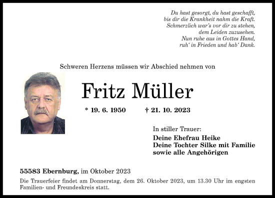 Traueranzeigen von Fritz Müller rz trauer de