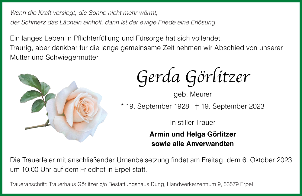 Traueranzeigen Von Gerda G Rlitzer Rz Trauer De