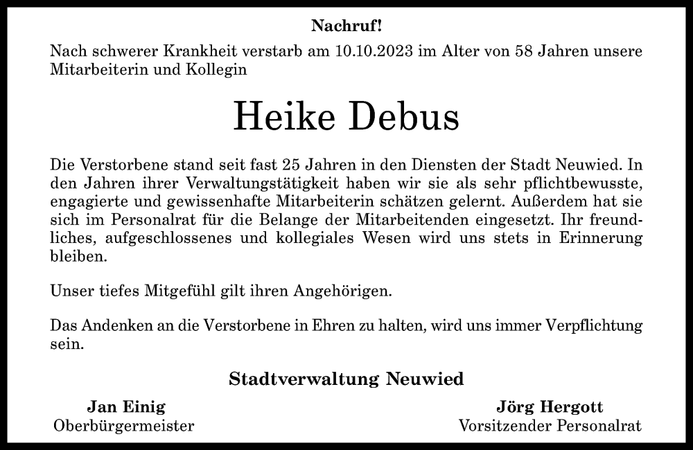 Traueranzeigen Von Heike Debus Rz Trauer De