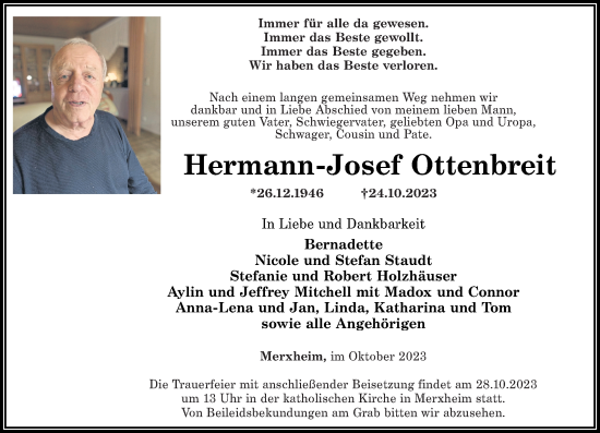 Traueranzeigen Von Hermann Josef Ottenbreit Rz Trauer De