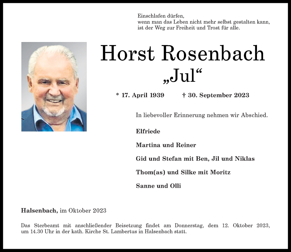 Traueranzeigen Von Horst Rosenbach Rz Trauer De