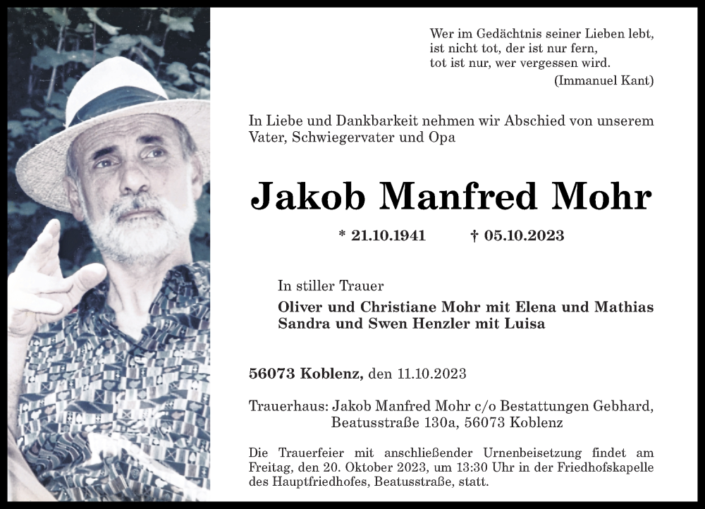 Traueranzeigen Von Jakob Manfred Mohr Rz Trauer De