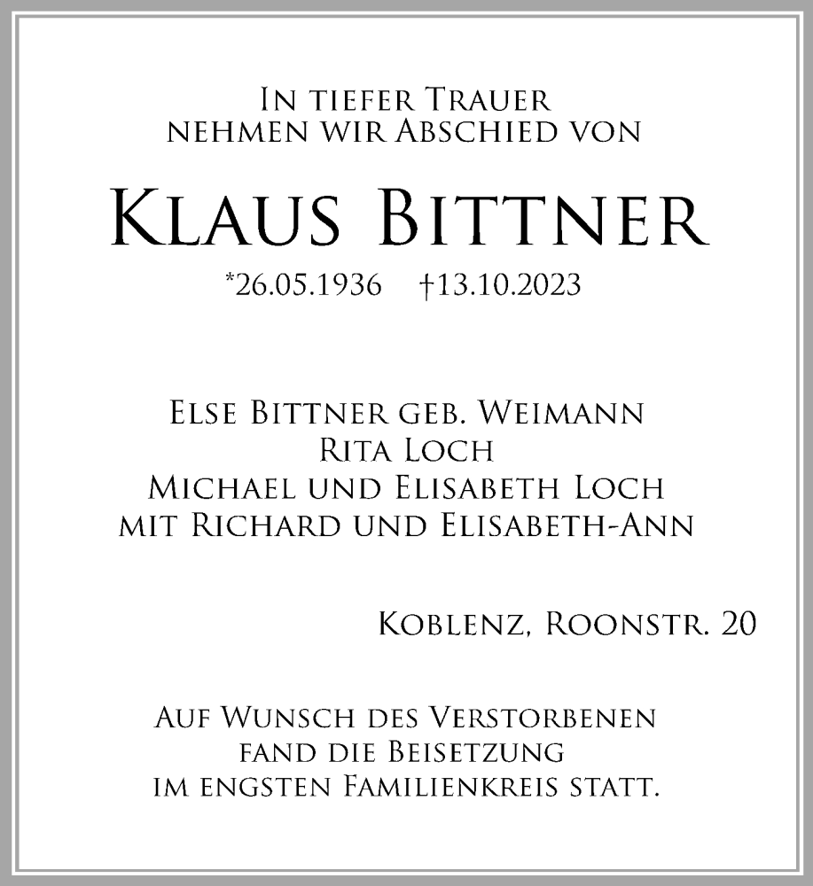 Traueranzeigen Von Klaus Bittner Rz Trauer De