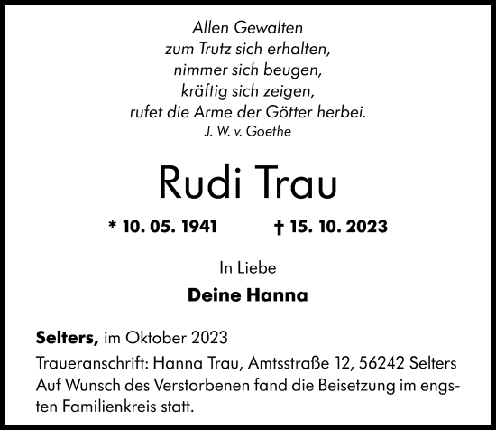 Traueranzeigen Von Rudi Trau Rz Trauer De