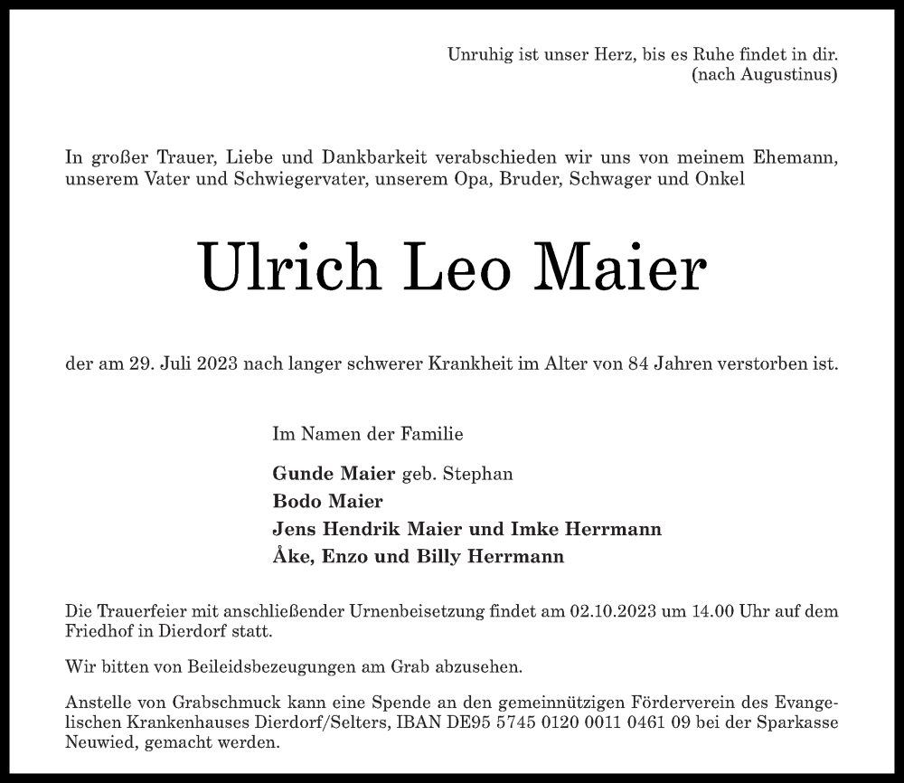 Traueranzeigen Von Ulrich Leo Maier Rz Trauer De