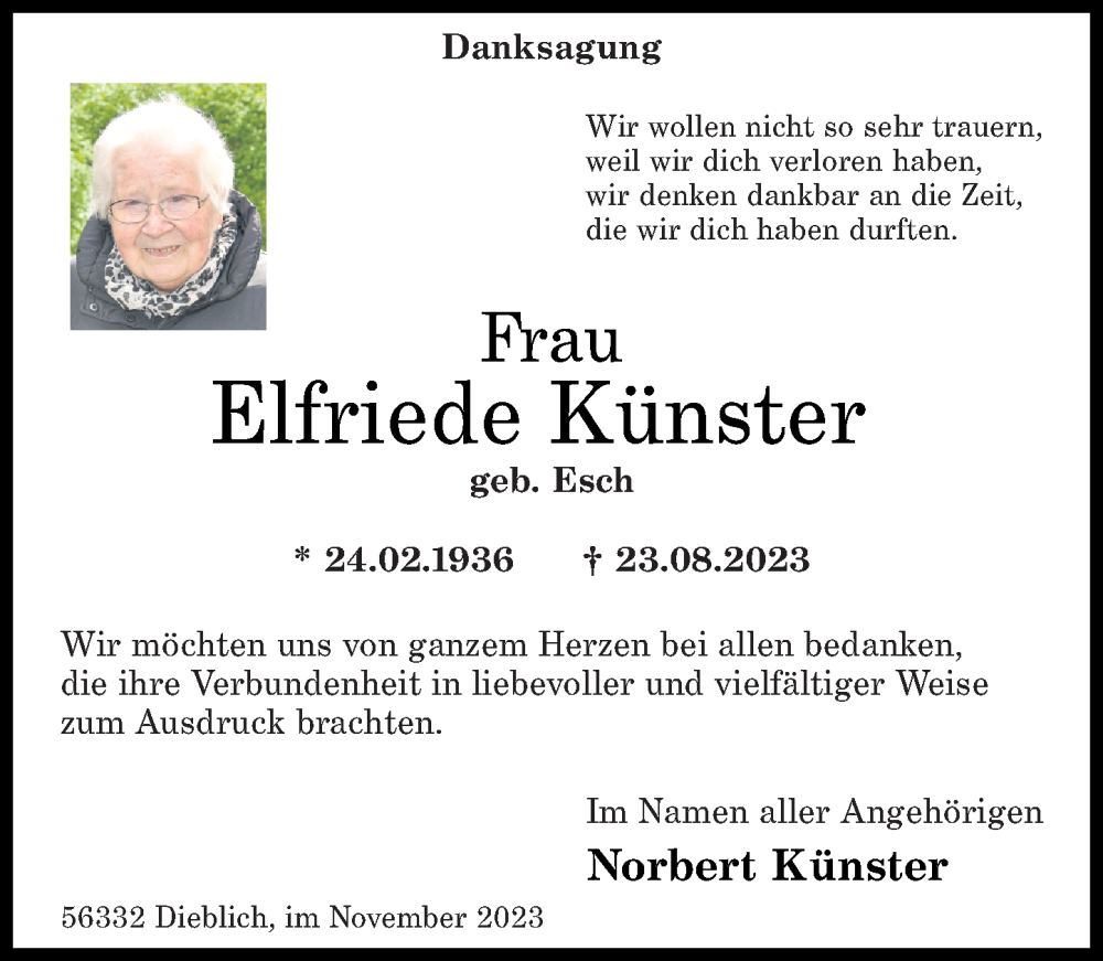 Traueranzeigen Von Elfriede K Nster Rz Trauer De