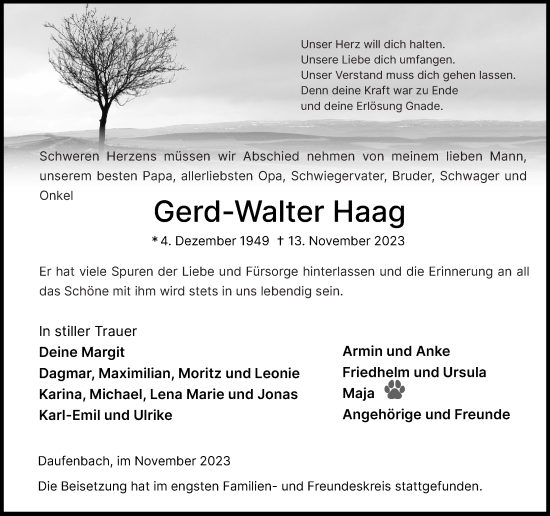 Traueranzeigen Von Gerd Walter Haag Rz Trauer De