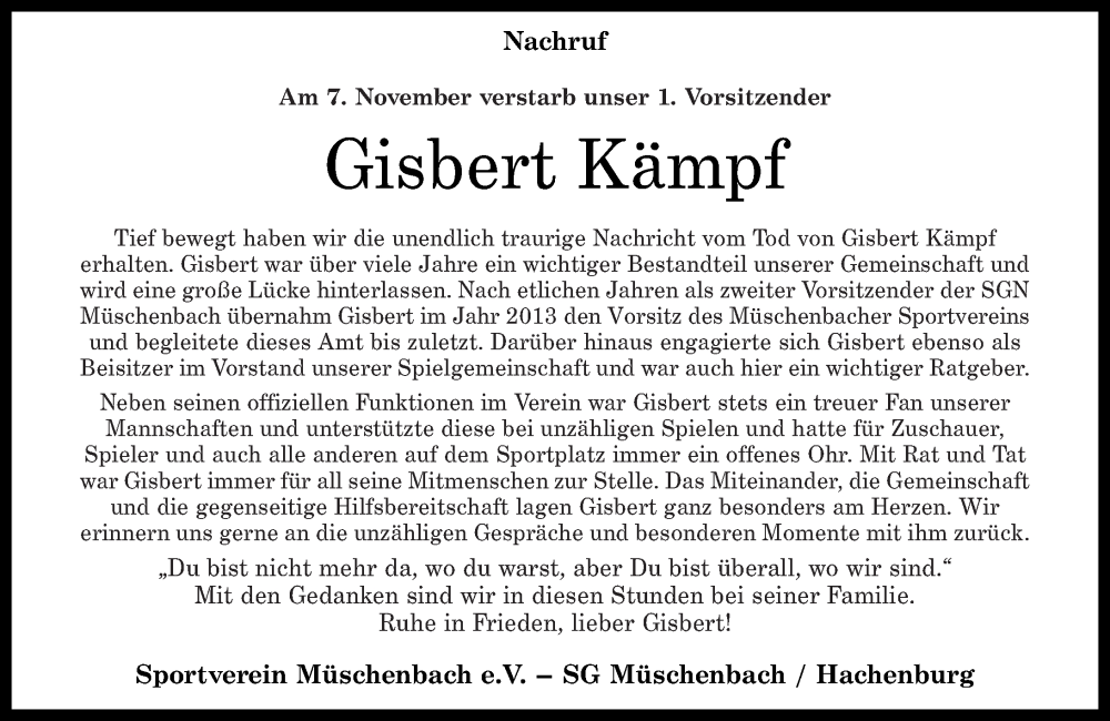 Traueranzeigen Von Gisbert K Mpf Rz Trauer De