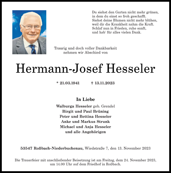 Traueranzeigen Von Hermann Josef Hesseler Rz Trauer De