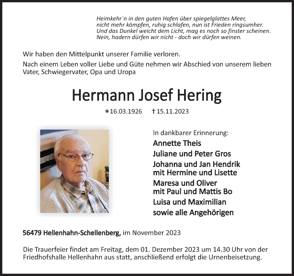 Traueranzeigen Von Hermann Josef Hering Rz Trauer De